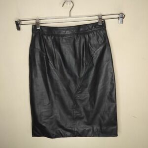 Vintage Black Leather Pencil Skirt Pelle Cuir Back Slit 30" X 23"